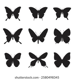 Black butterflies Silhouettes collection. isolated on white background. Vector illustration.