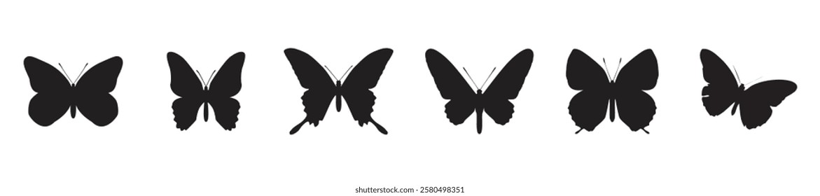 Black butterflies Silhouettes collection. isolated on white background. Vector illustration.