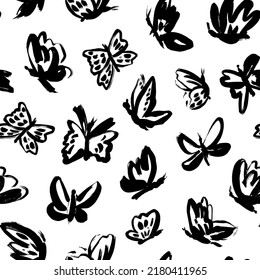 Black butterflies vector seamless pattern. Hand drawn modern ink graphic art. Trendy animal motif wallpaper, black vector insects. Pattern of artistic simple moths. Stylish graphic texture