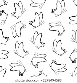 Black butterflies vector seamless pattern. Line drawings on white background. Best for textile, wallpapers, wrapping paper, package and home decoration.