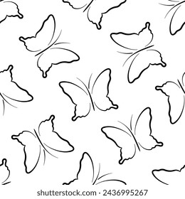Black butterflies vector seamless pattern. Doodle line drawings on white background. Best for textile, wallpapers, wrapping paper, package and your design.