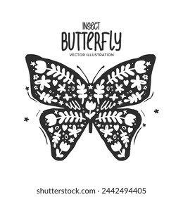 Black butterfly. Abstract vector illustration. Flying insect in monochrome style with flowers and vegetation. Folk style. For design of cards, textiles, posters, stickers, packaging