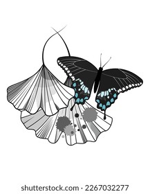  A black butterfly with drop ink and ginkgo leaves for black and white, line-work tattoo
