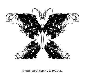 Black Butterfly Ebru Texture Paint Stain. Vector Illustration