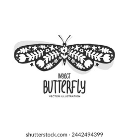 Black butterfly, flat vector illustration. Monochrome. Flying insect in Scandinavian style with flowers and vegetation. In folk style. For design of cards, textiles, packaging, stickers. 