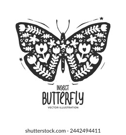 Black butterfly, flat vector illustration. Flying insect in monochrome style with flowers and vegetation. Folk ornaments. For design of cards, textiles, posters, stickers