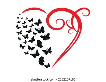 black butterfly flying and red heart love isolated illustration