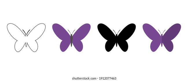 Black butterfly icon. Outline butterfly icon. Paper butterfly. Colored butterfly. Vector illustration