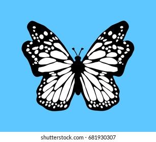 Black butterfly icon with white wings on blue background. Tattoo design template Vector illustration.