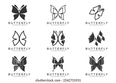 black butterfly set icon button, vector, sign, symbol, logo, illustration, editable stroke, design style isolated on white background