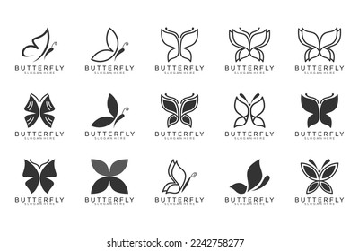 black butterfly set icon button, vector, sign, symbol, logo, illustration, editable stroke, design style isolated on white background