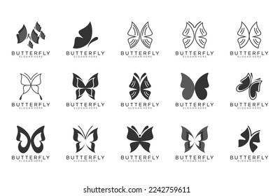black butterfly set icon button, vector, sign, symbol, logo, illustration, editable stroke, design style isolated on white background