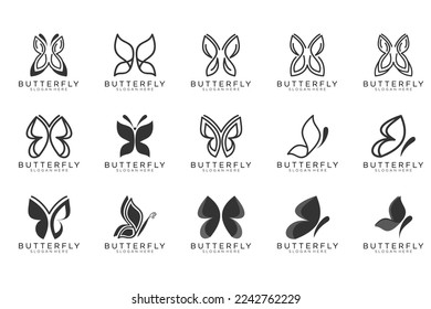 botón de icono conjunto de mariposa negra, vector, signo, símbolo, logotipo, ilustración, trazo editable, estilo de diseño aislado en fondo blanco