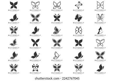 botón de icono conjunto de mariposa negra, vector, signo, símbolo, logotipo, ilustración, trazo editable, estilo de diseño aislado en fondo blanco