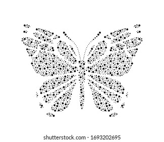 Forma de mariposa negra dibujada con muchos puntos negros. Elemento de diseño detallado para la invitación a la boda y la tarjeta de felicitación. Puntos en forma de mariposa. Dibujo decorativo ornamental negro vectorial de mariposas