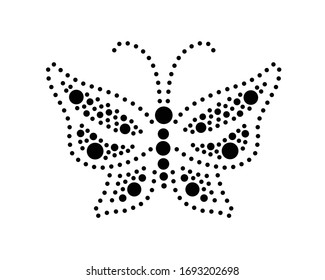 Black butterfly shape drawn with many black dots at white background. Dotted object for laser cut. Design element for greeting card and wedding invitation. Dots in shape of butterfly. 