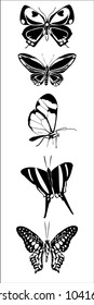 Black butterfly shape set on white background. Hovering flying insect collection creative silhouette. Cute vector butterfly element set for tattoo, engraving, prints, textures, interior and design.