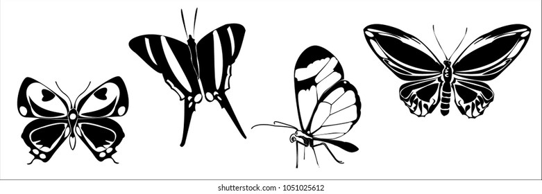 Black butterfly shape set on white background. Hovering flying insect collection creative silhouette. Cute vector butterfly element set for tattoo, engraving, prints, textures, interior and design.