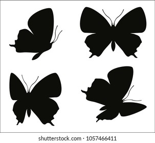 Black butterfly shape set on white background. Hovering flying insect collection creative silhouette. Cute vector butterfly element set for tattoo, engraving, prints, textures, interior and design.