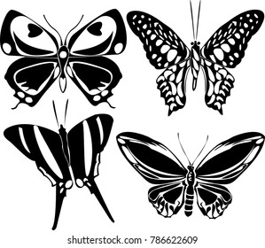 Black butterfly shape set on white background. Hovering flying insect collection creative silhouette. Cute vector butterfly element set for tattoo, engraving, prints, textures, interior and design.
