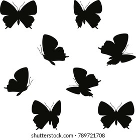 Black butterfly shape set on white background. Hovering flying insect collection creative silhouette. Cute vector butterfly element set for tattoo, engraving, prints, textures, interior and design.