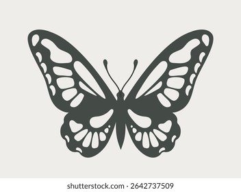 Black butterfly silhouette with detailed wing patterns shown in a symmetrical, minimalistic graphic style on a light background. Concept of elegance and nature. Vector illustration