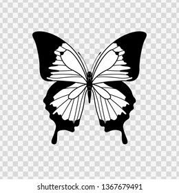 Black butterfly silhouette isolated on transparent background, beautiful butterfly, tropical insect, wildlife. Flat design. Vector illustration. EPS10