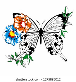Black butterfly silhouette on white background with colorful flowers and small branches with green leaves
