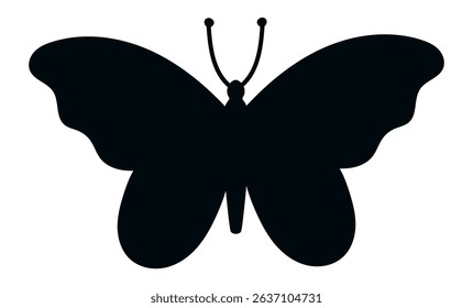 Black butterfly silhouette with open wings and delicate antennae, isolated on a white background, embodying themes of nature, beauty, and elegance in a minimalistic design