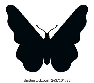 Black butterfly silhouette with open wings showing antennae, isolated on a white background, representing nature, beauty, and transformation