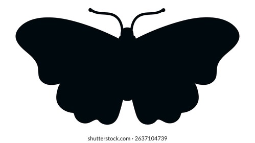 Black butterfly silhouette with open wings and clearly visible antennae, isolated on a white background, representing nature, beauty, and elegance