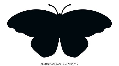 Black butterfly silhouette with open wings and antennae showing, isolated on white background, representing concepts such as nature, beauty, transformation, and elegance