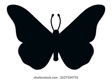 Black butterfly silhouette with open wings showing antennas and body isolated on a white background, representing nature, beauty, and transformation