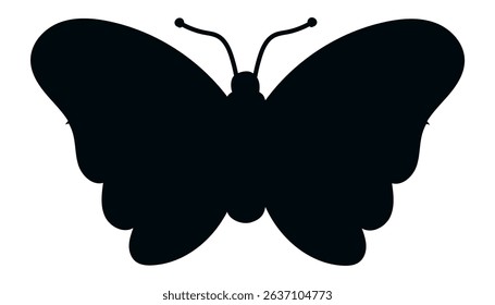 Black butterfly silhouette with open wings and antennae showing, isolated on white background, representing beauty, nature, and transformation