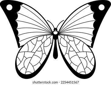 Black butterfly silhouette with patterned wings. Decorative moth