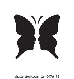 Black butterfly silhouette with two facing human profiles creating an optical illusion design	