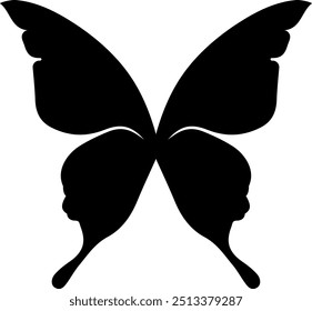 Black butterfly silhouette with wings forming an optical illusion of two faces in profile, resembling fairy wings.