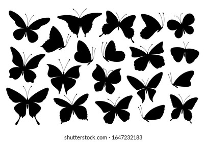 Black butterfly silhouettes. Butterflies icons, flying insects. Isolated abstract art spring symbols and tattoo elements vector collection