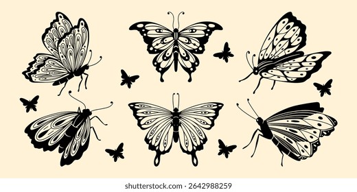 Black butterfly silhouettes collection with ornate wings, dots and swirls in y2k retro style. Decorative insects with small accents on beige background for tattoo designs, stickers or digital art.