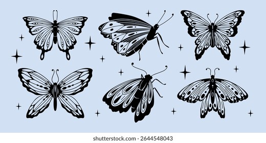 Coleção de silhuetas borboleta preta com asas ornamentadas, pontos e redemoinhos no estilo retro y2k. Insetos decorativos com pequenos destaques no fundo para designs de tatuagem, adesivos ou arte digital.