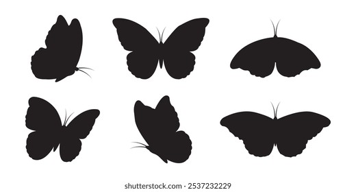 Black butterfly silhouettes. romantic tattoo, tropical insects stencil. Elegant wild flying moth of various shape.Summer and spring exotic symbols isolated vector set. 