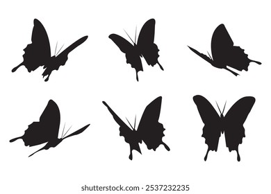 Black butterfly silhouettes. romantic tattoo, tropical insects stencil. Elegant wild flying moth of various shape.Summer and spring exotic symbols isolated vector set. 