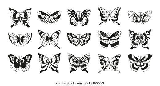 Black butterfly stickers. Realistic flying monarch and moth butterfly silhouettes, abstract animal flying insects icons. Vector isolated set. Decorative tattoo elements, wild bugs collection