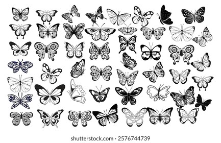 Black butterfly stickers Realistic flying monarch and moth butterfly silhouettes abstract animal flying insects icons Vector isolated set