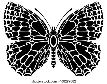 Black butterfly tattoo on white background. An element of decor. Nature, insect. A stained glass window. Detailing. Emblem.