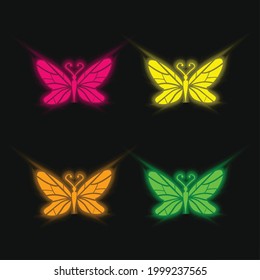 Black Butterfly Top View With Lines Wings Design four color glowing neon vector icon