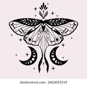 Black butterfly vector illustration. Esoteric alchemy symbol. Design for poster, card, tattoo.