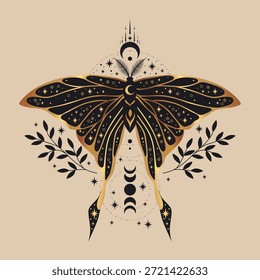 Ilustración vectorial de mariposa negra. Símbolo de alquimia esotérica. Diseño para cartel, tarjeta, tatuaje.