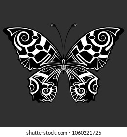 Black butterfly with white patterns on a gray background. Detailedized patterns, polynesia, geometry, spring. Shades of gray.