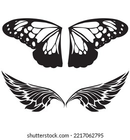 Black butterfly wings and black bird wings isolated on a white background